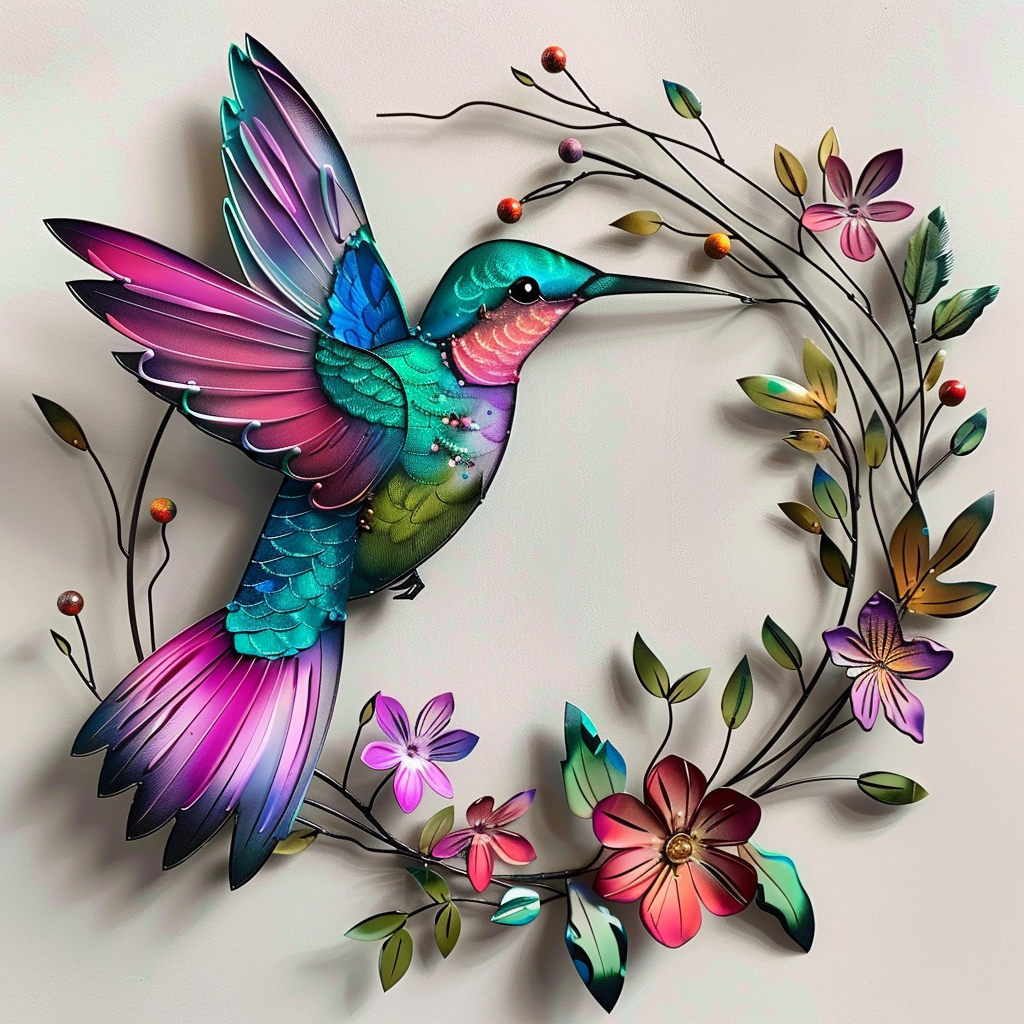 Hummingbird Flower Wreath Metal Wall Art – Floral Bird Garden Decor Sign