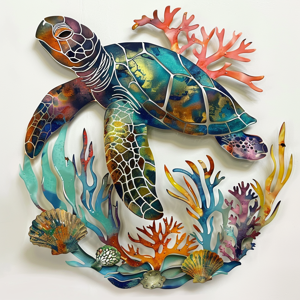 Sea Turtle Coral Beach Metal Wall Art, Coastal Ocean Decor for Patio