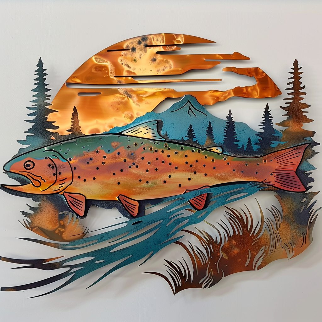 Trout Fish Mountain Metal Wall Art, Rustic Cabin Decor for Patio & Lake House