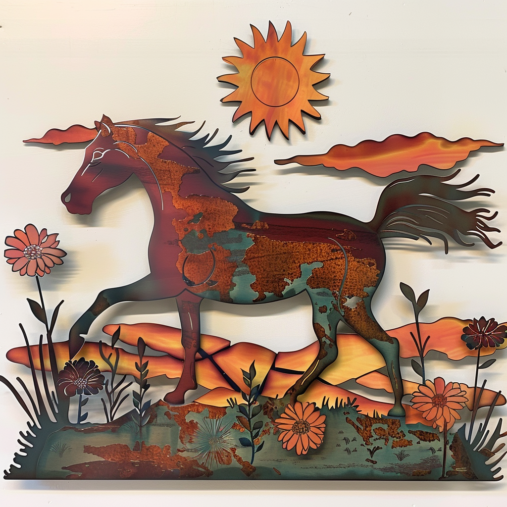 Sun Horse Wildflower Metal Wall Art Boho Western Garden Wall Decor