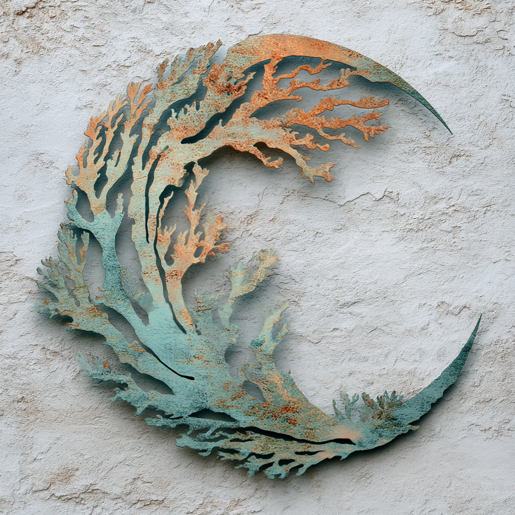 Moon Coral Metal Wall Art, Coastal Celestial Decor for Patio & Garden