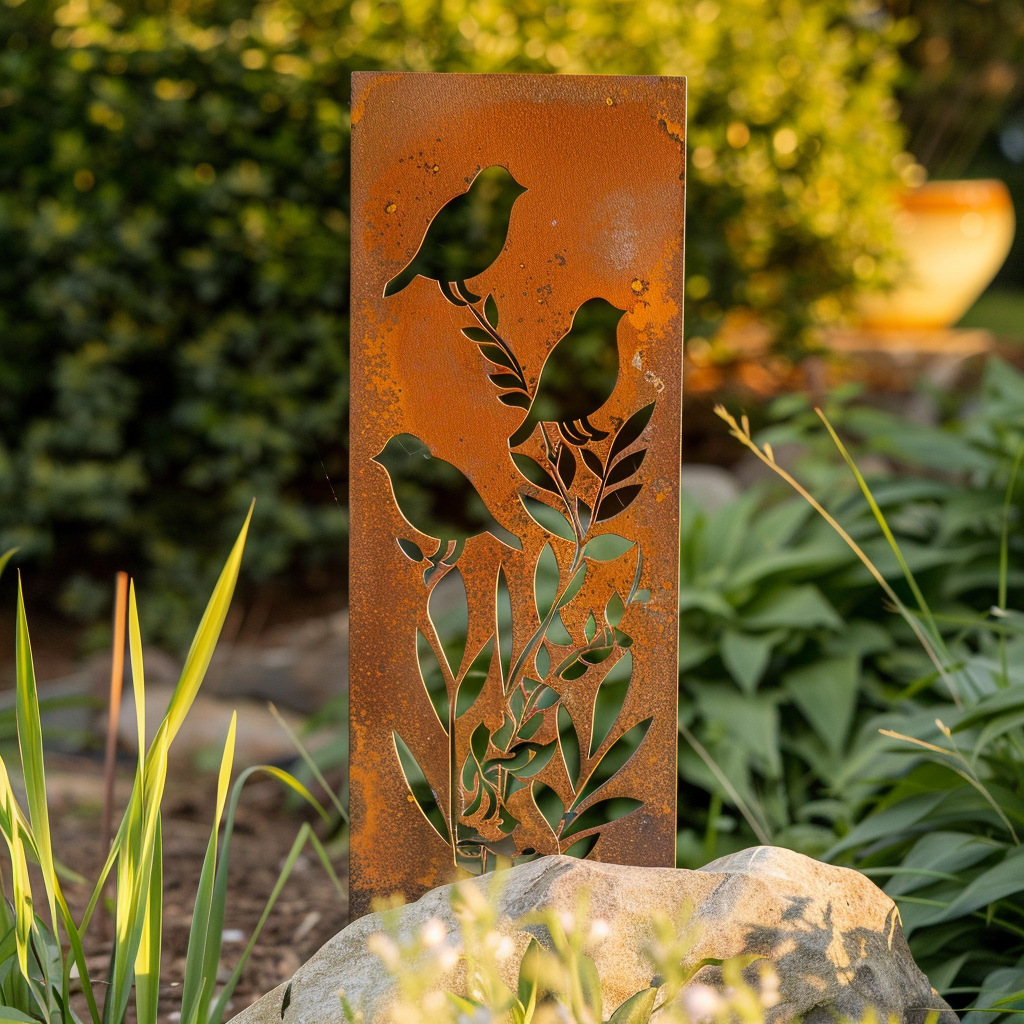 Birds and Flowers Garden Stake Metal Art, Rustic Outdoor Decor for Yard