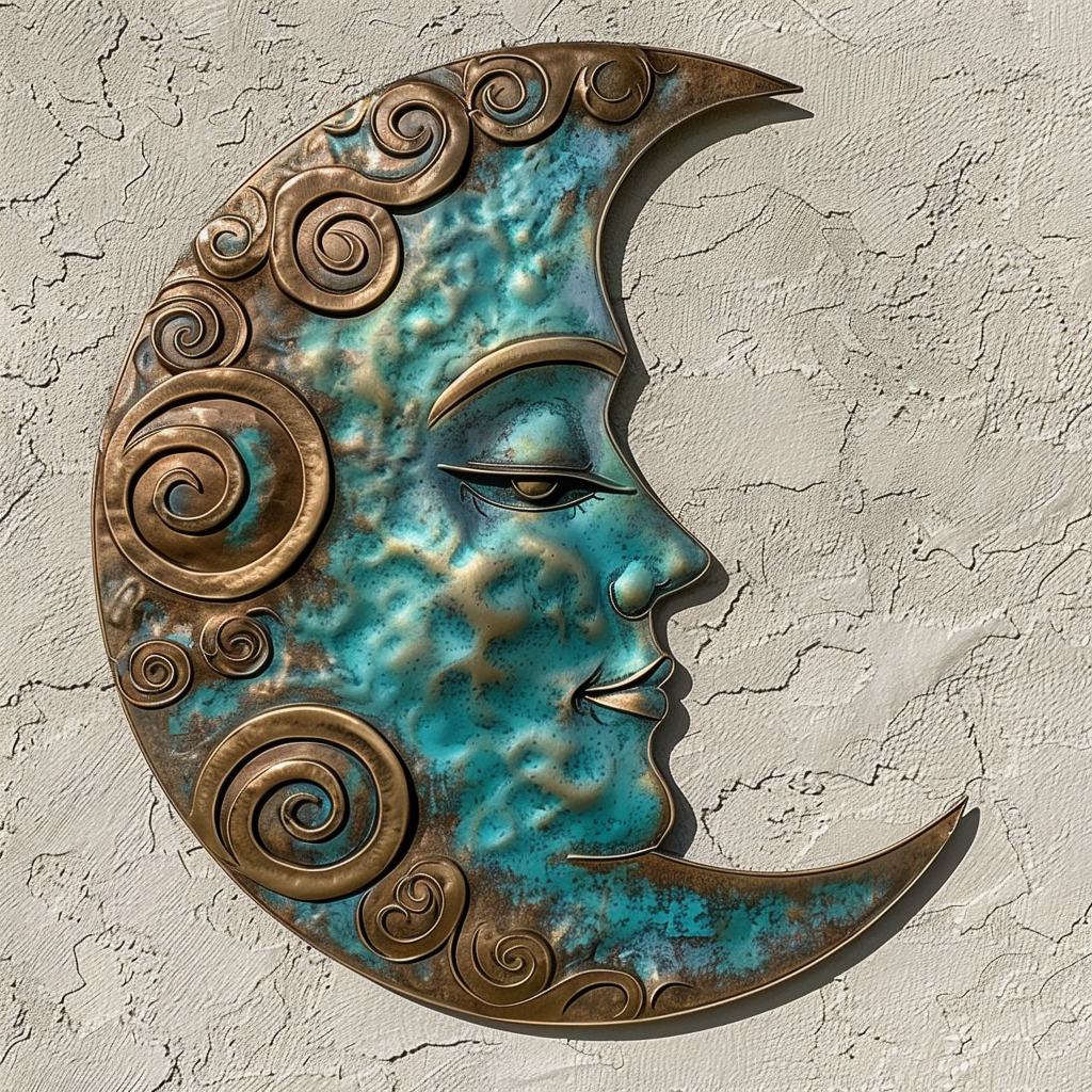 Blue Crescent Moon Face Metal Wall Art, Celestial Boho Decor for Patio