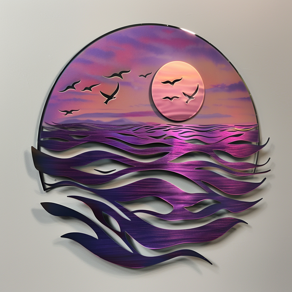 Purple Sunset Beach Metal Wall Art, Tropical Coastal Decor for Patio