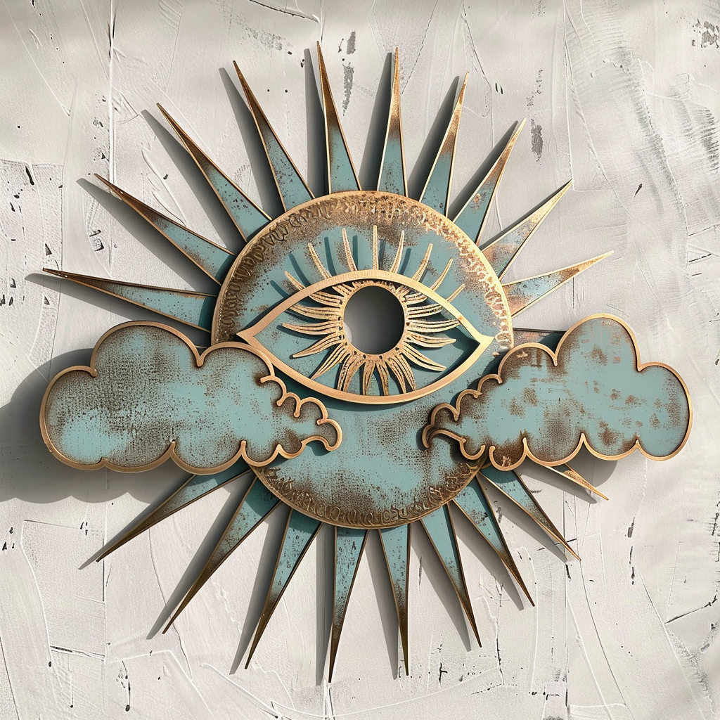 Eye Cloud Sunburst Metal Wall Art – Mystical Celestial Garden Decor Sign
