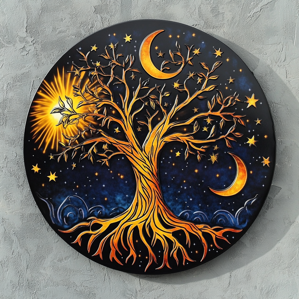 Tree of Life Sun Moon Metal Wall Art, Celestial Nature Decor for Patio & Garden