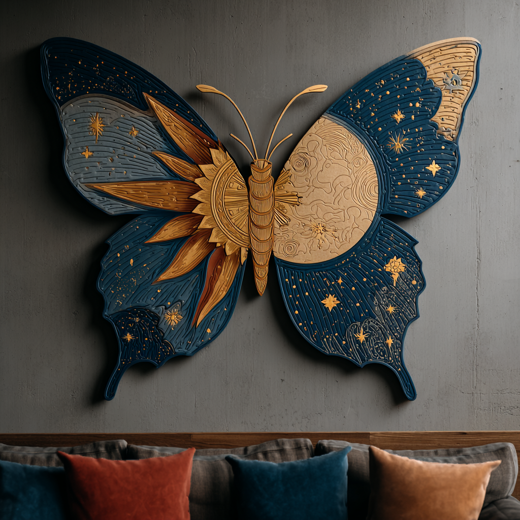 Colorful Butterfly Sun Moon Metal Wall Art, Celestial Boho Decor for Patio & Garden V2