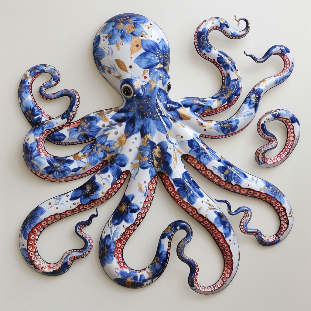Floral Octopus Metal Wall Art – Porcelain Blue Ocean Coastal Decor Sign