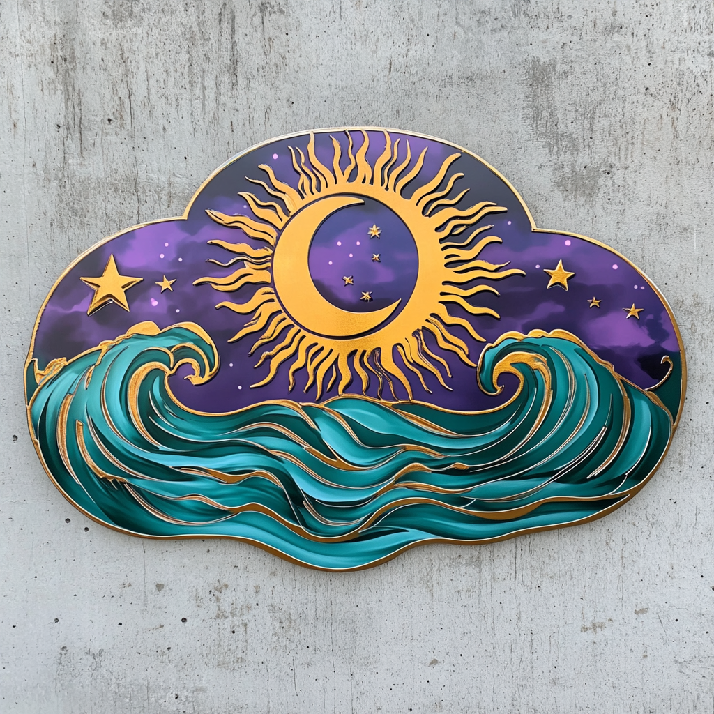 Sun Moon Ocean Wave Metal Wall Art, Coastal Celestial Decor for Patio & Garden