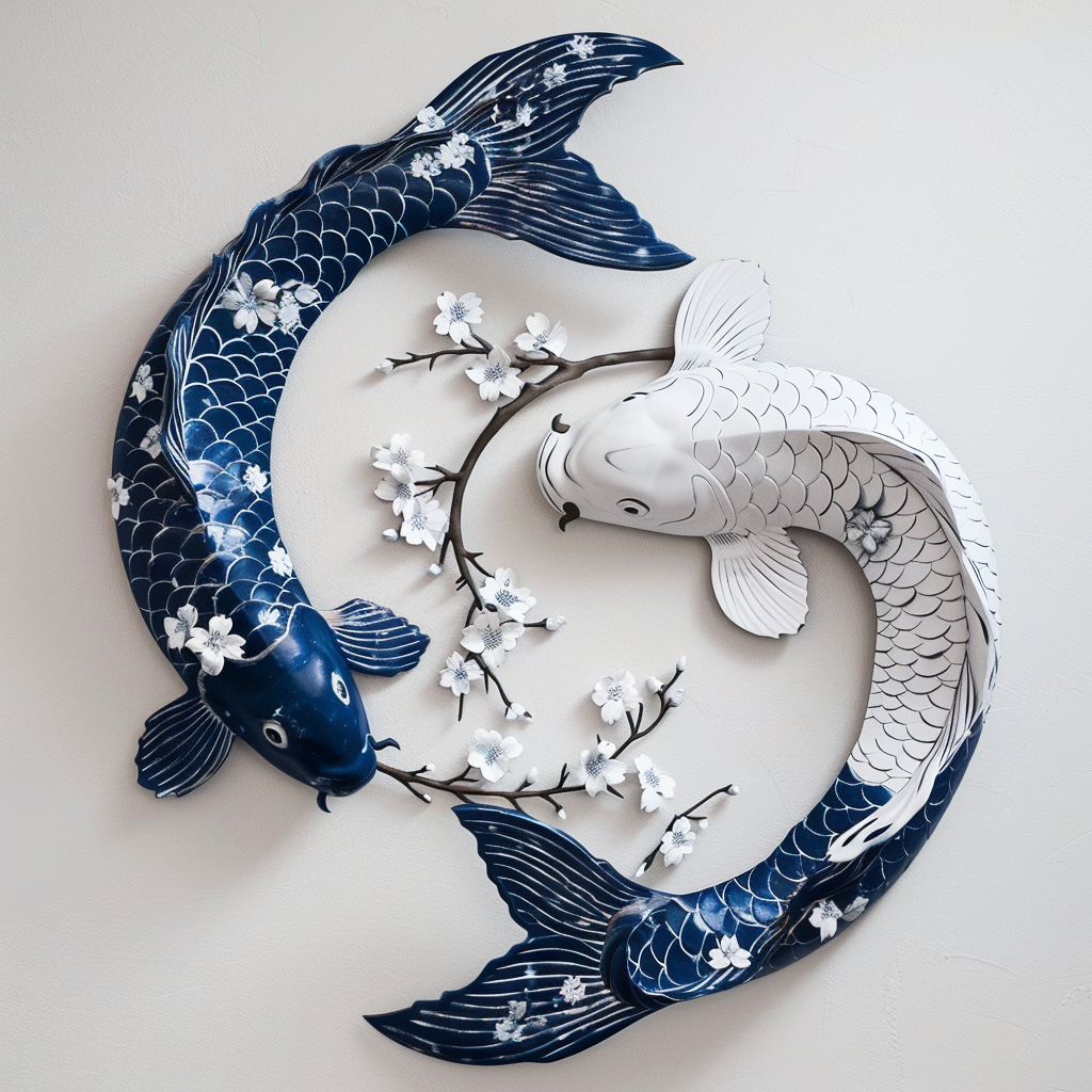Koi Fish Cherry Blossom Metal Wall Art – Japanese Zen Garden Decor Sign