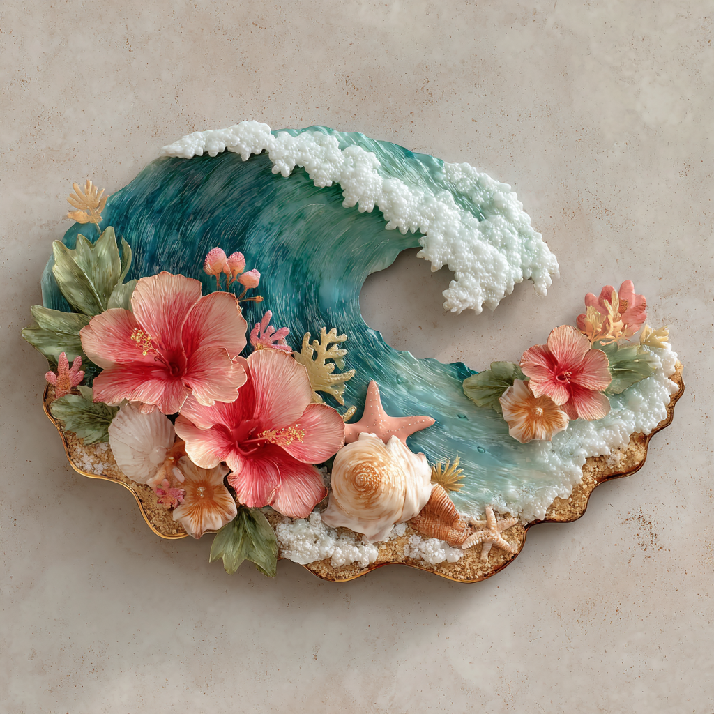 Seashell Hibiscus Beach Wave Metal Wall Art, Tropical Coastal Decor for Patio