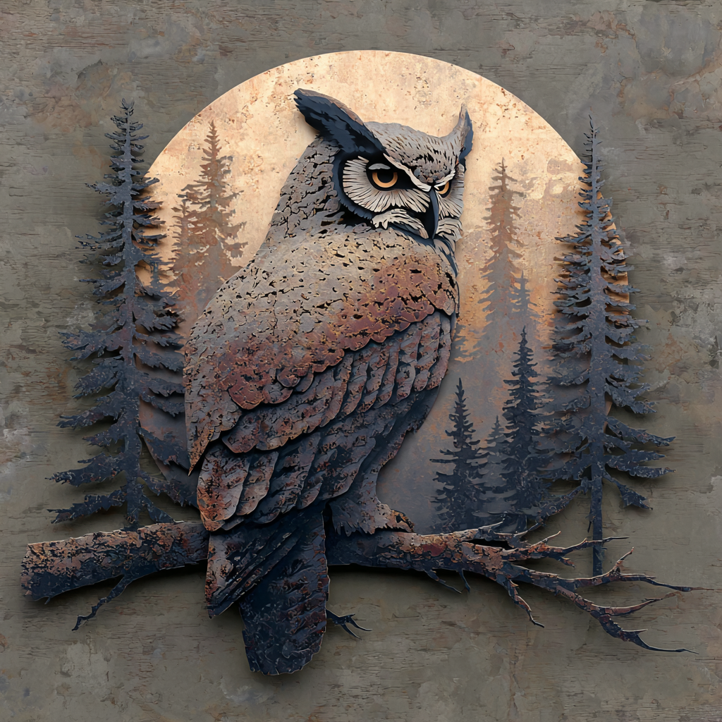 Owl Mountain Metal Wall Art, Woodland Wildlife Decor for Cabin & Patio