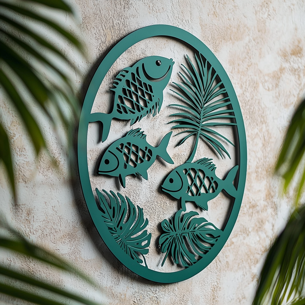 Tropical Fish Leaf Metal Wall Art, Coastal Jungle Decor for Patio & Garden