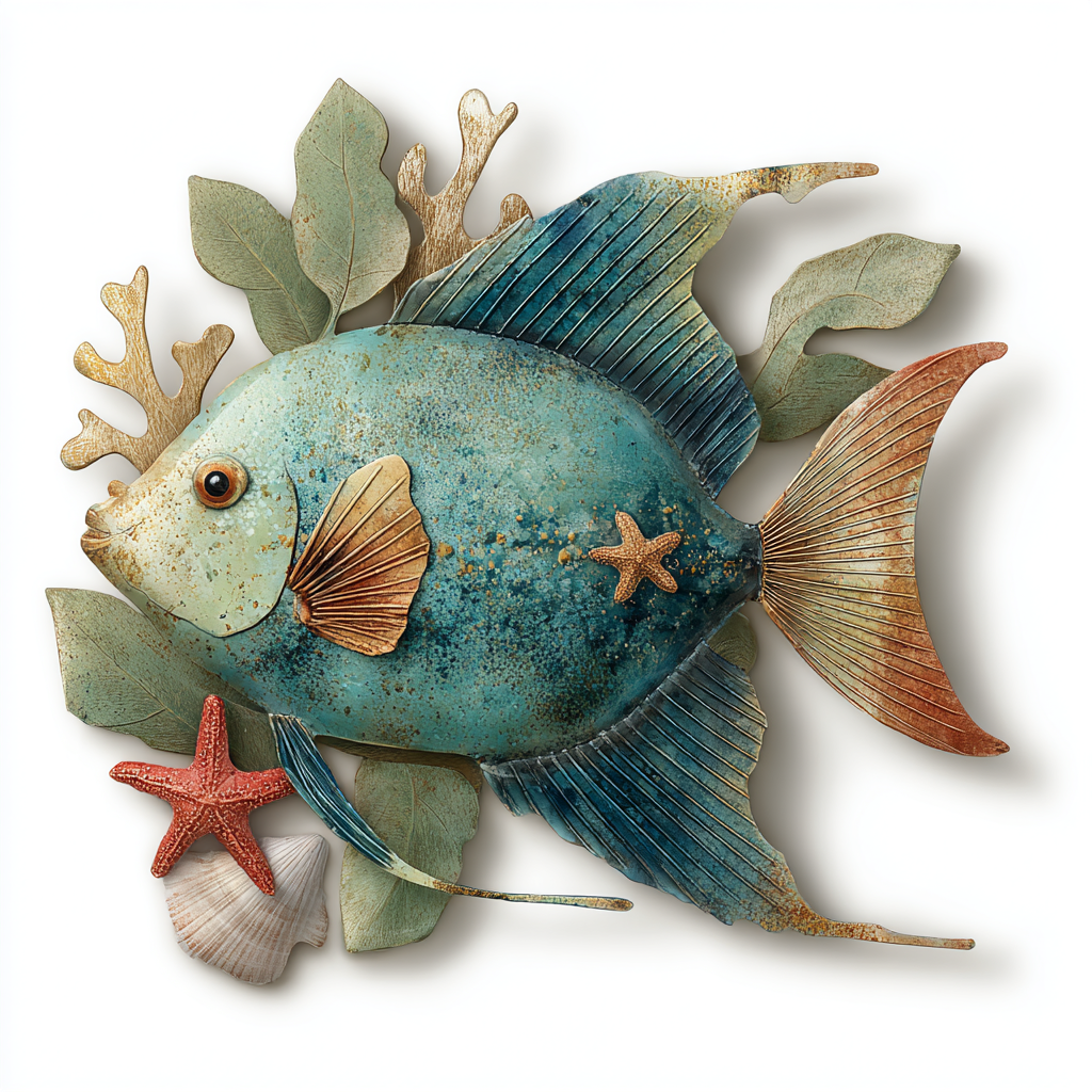 Blue Fish Coral Metal Wall Art, Coastal Ocean Decor for Patio & Garden