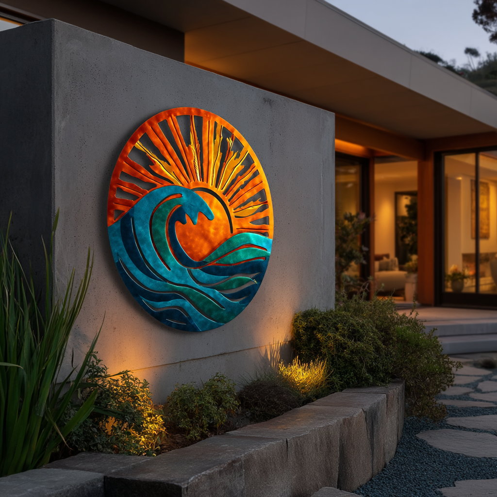 Sun Wave Beach Metal Wall Art, Coastal Ocean Decor for Patio & Garden