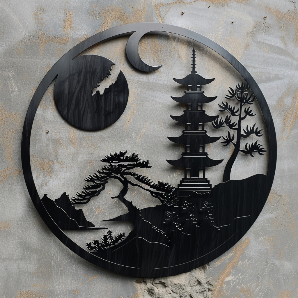 Japanese Pagoda Metal Wall Art, Zen Garden Asian Decor for Patio