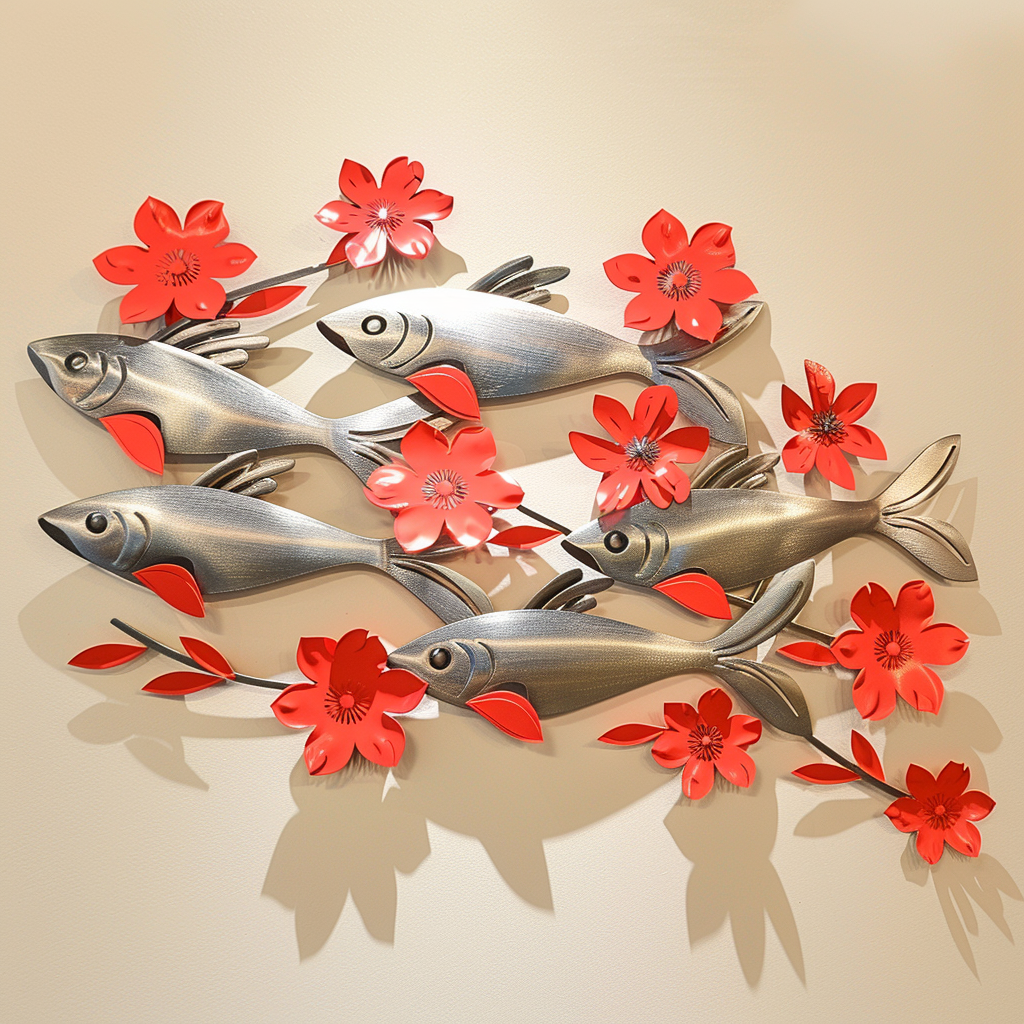 Silver Floral Fish Metal Wall Art – Coastal Ocean Decor, Marine Garden Sign