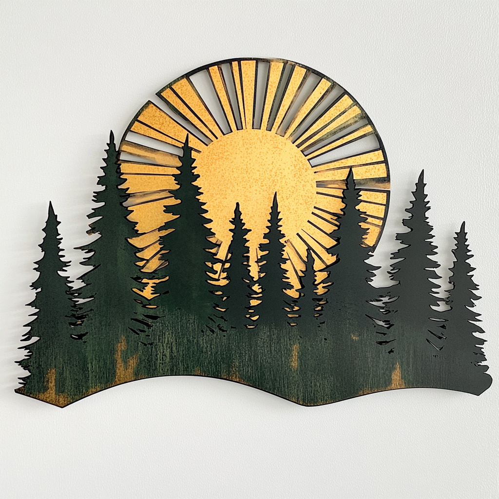 Green Pine Tree Sunburst Metal Wall Art, Nature Forest Decor for Patio & Garden