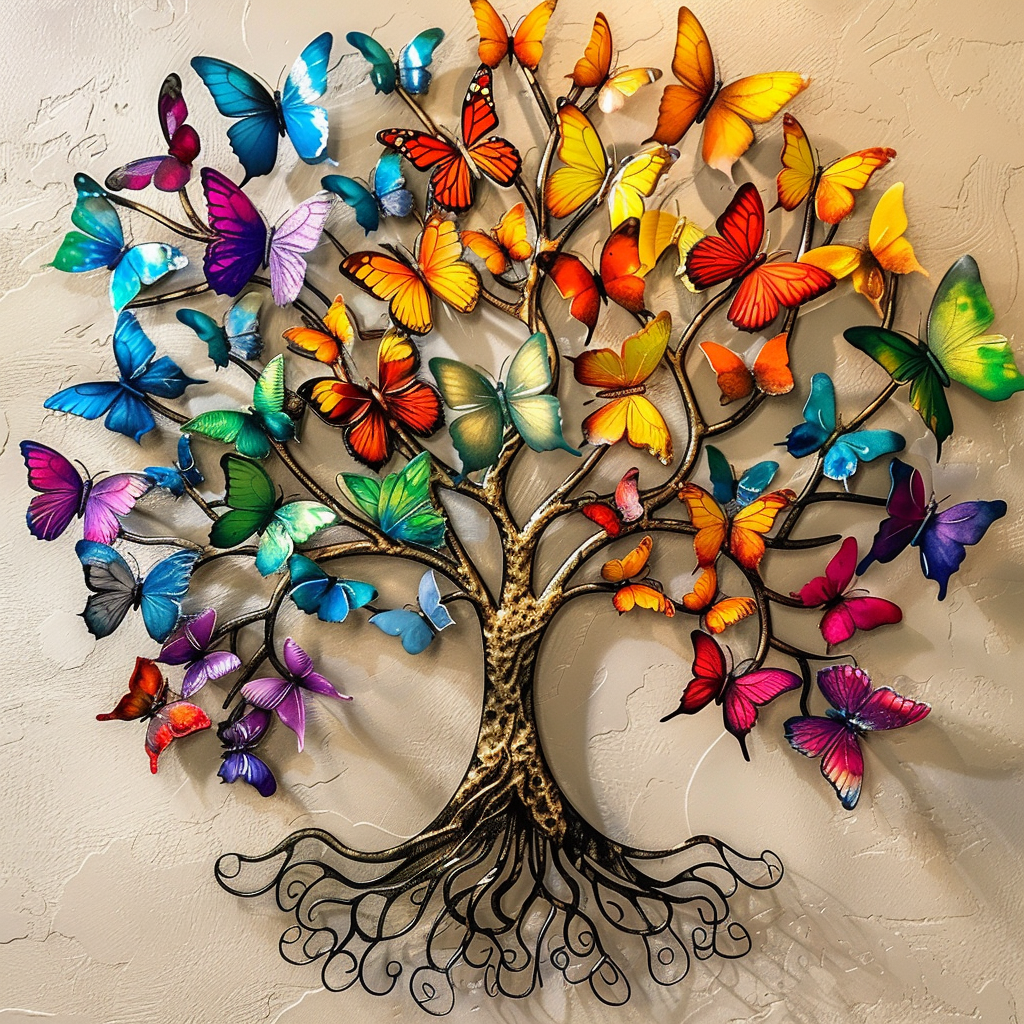Colorful Butterfly Tree of Life Metal Wall Art – Garden Nature Decor Sign