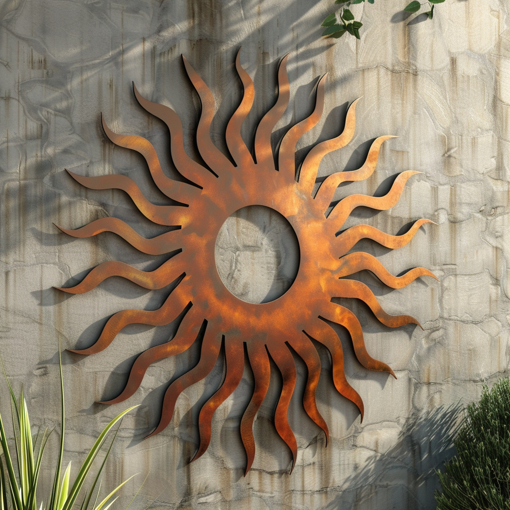Blue Gold Sunburst Metal Wall Art – Boho Celestial Sun Decor, Outdoor Garden Sign