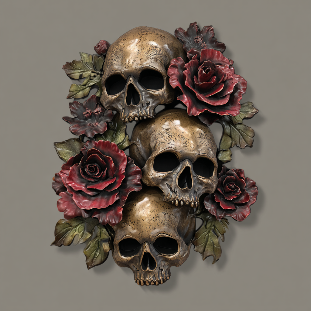 Three Skull Red Roses Metal Wall Art