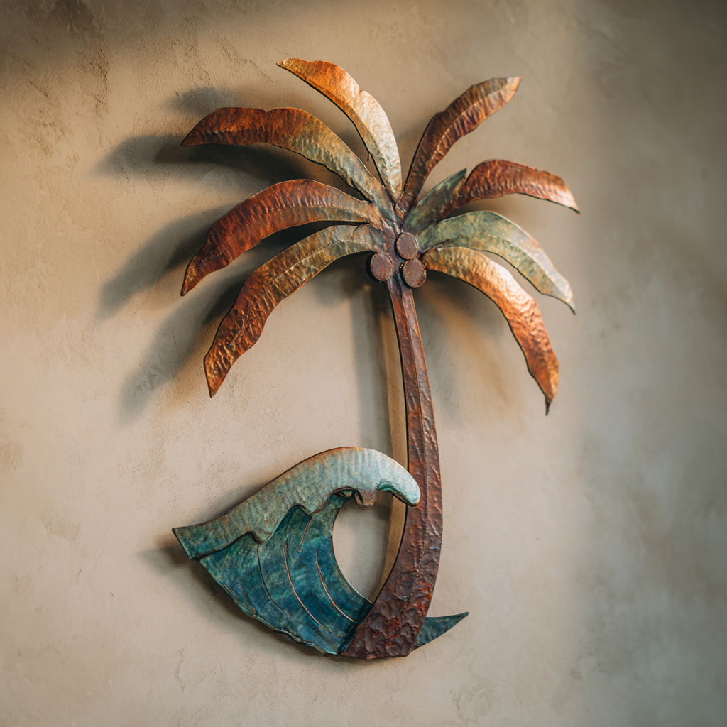 Palm Tree Beach Wave Metal Wall Art – Tropical Coastal Ocean Sign