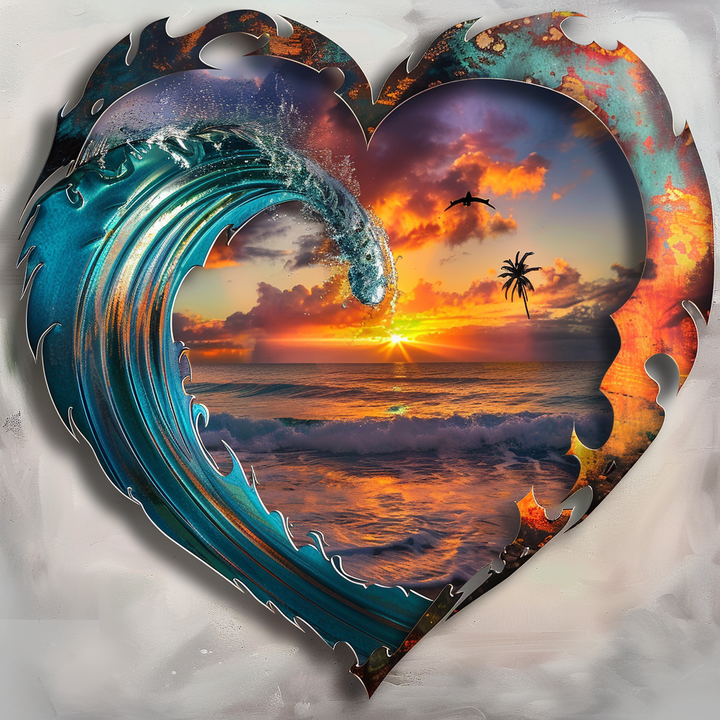 Heart Sunset Beach Palm Tree Metal Wall Art – Coastal Tropical Decor Sign