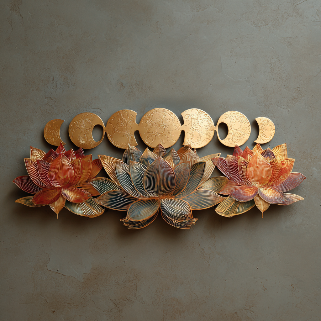 Lotus Moonphase Metal Wall Art, Botanical Garden Decor for Patio