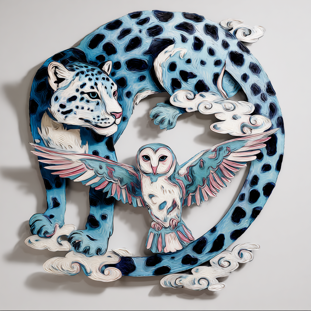 Snow Leopard Owl Metal Wall Art, Wildlife Nature Decor for Cabin & Living Room