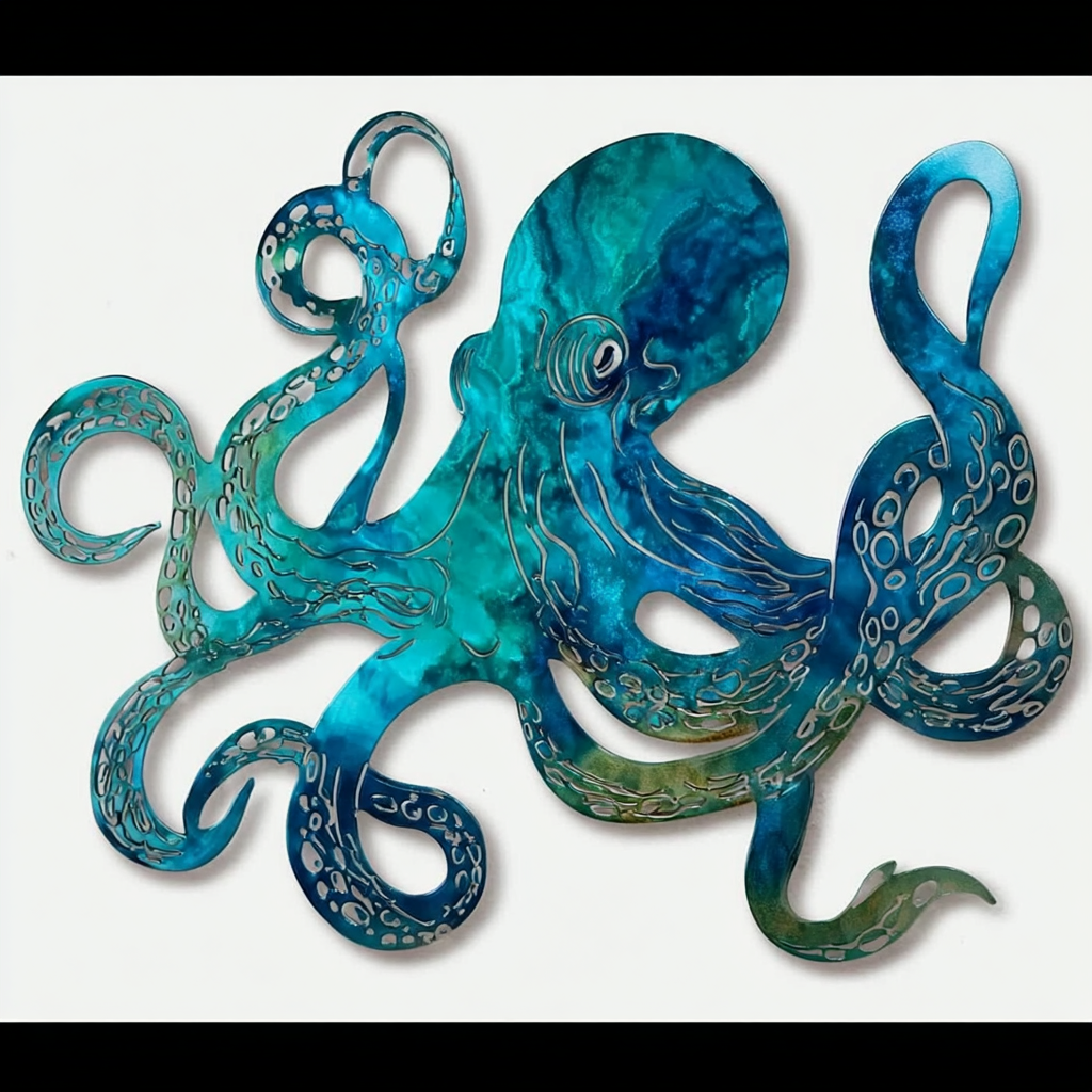 Octopus Metal Wall Art Coastal Ocean Decor UV Printed Aluminum Wall Hanging Nautical Marine Life Sign