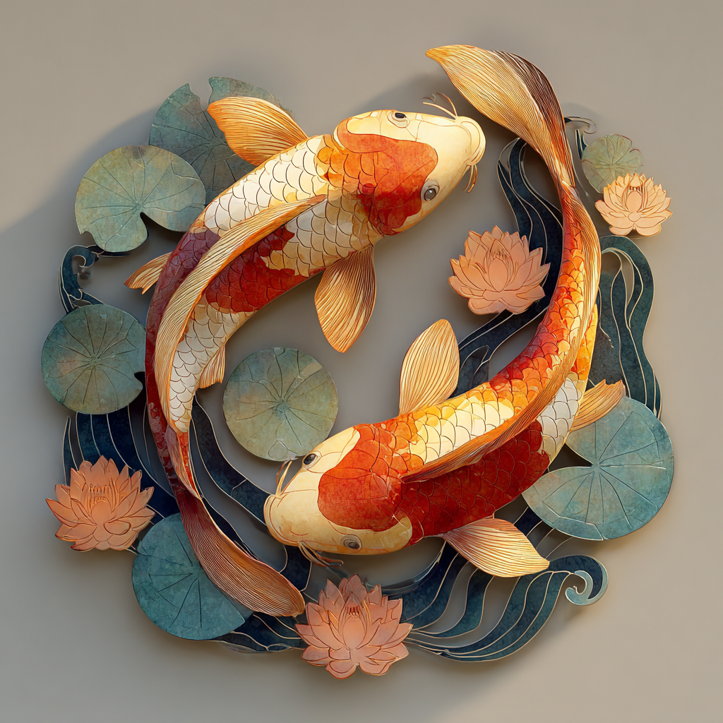 Lotus Koi Fish Metal Wall Art: Japanese Wave Sun Decor, Asian Inspired Patio Hanging
