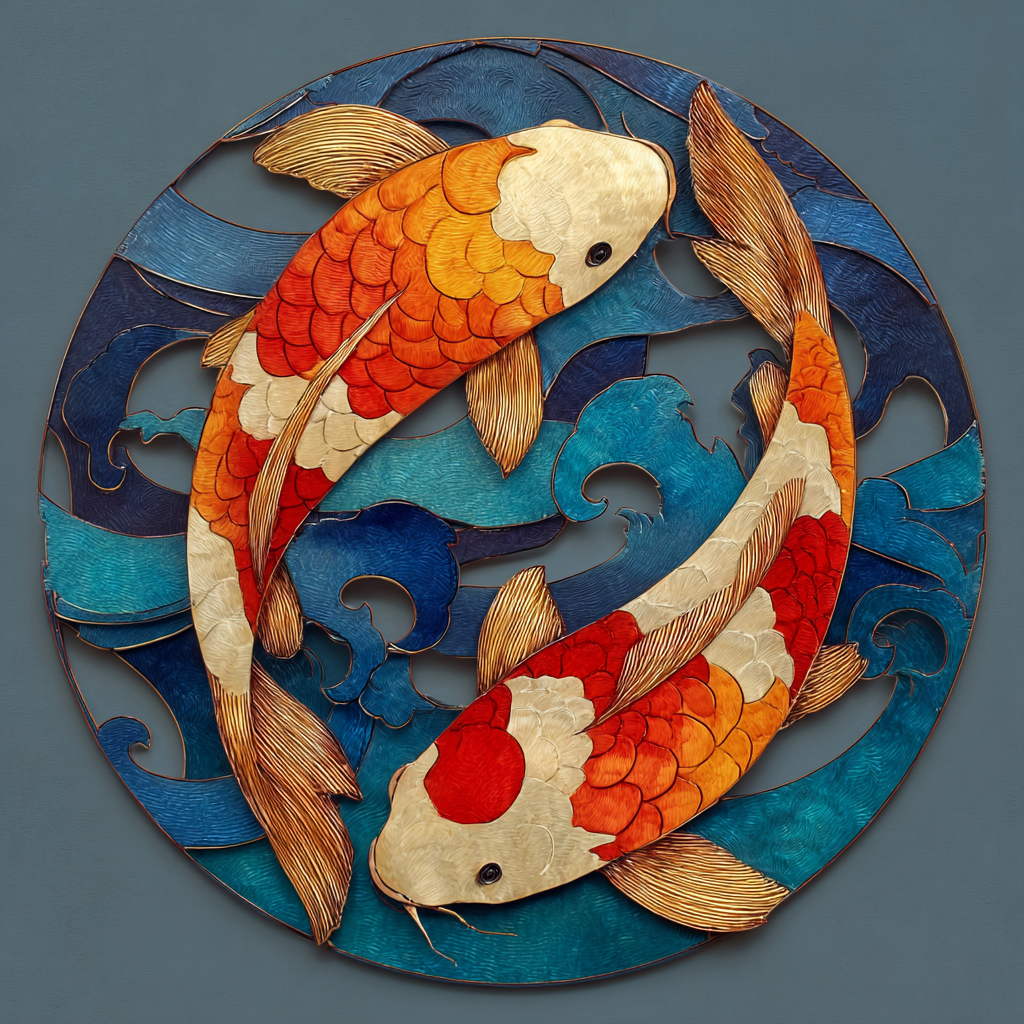Koi Fish Metal Wall Art: Japanese Wave Sun Decor, Asian Inspired Patio Hanging