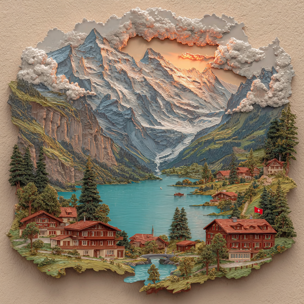 Swiss Alps Metal Wall Art Red Train Mountain Lake Switzerland Travel Custom Shape Wall Decor