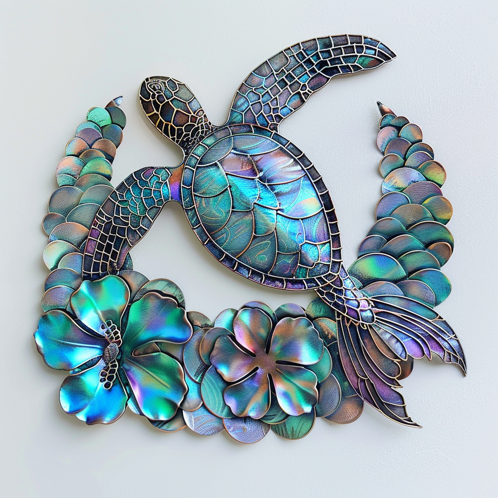 Mermaid Holographic Turtle Metal Wall Art – Fantasy Ocean Sea Turtle Decor, Coastal Garden Sign