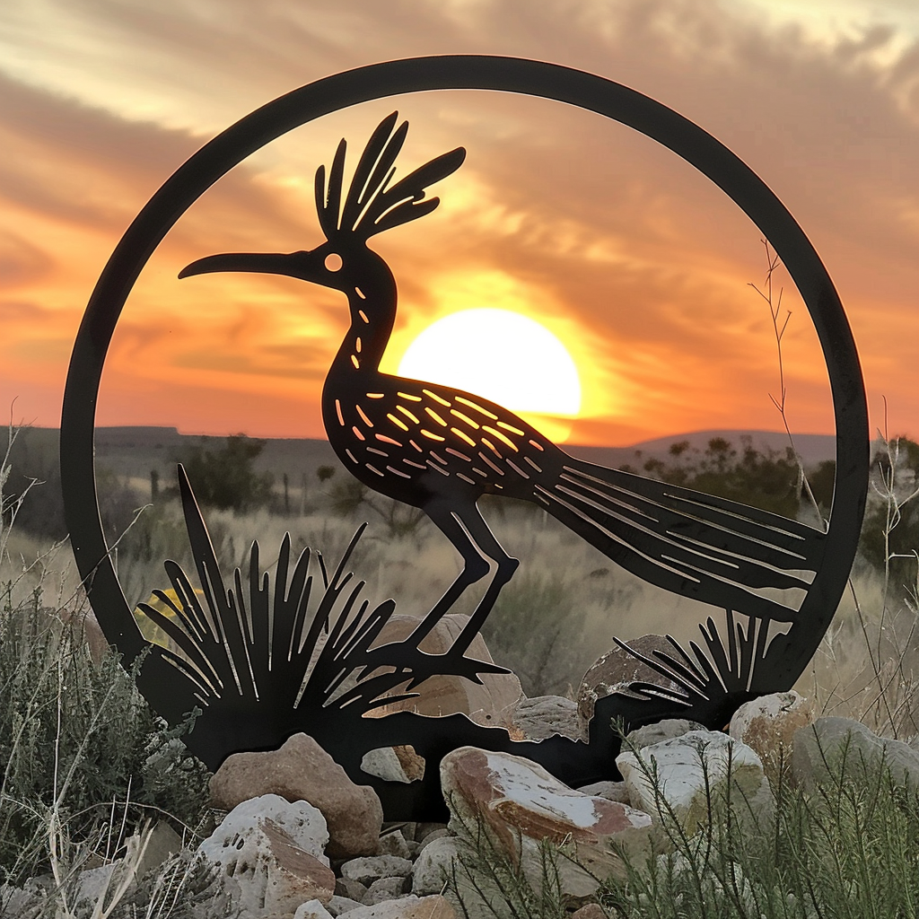 Roadrunner Cactus Desert Metal Wall Art, Southwestern Wildlife Decor for Patio