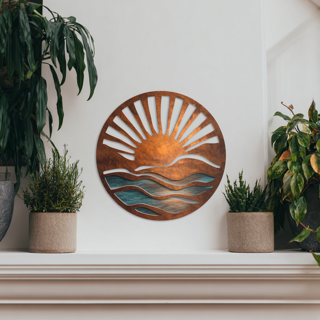 Mountain Green Tree Sunset Metal Wall Art, Nature Decor for Patio & Cabin