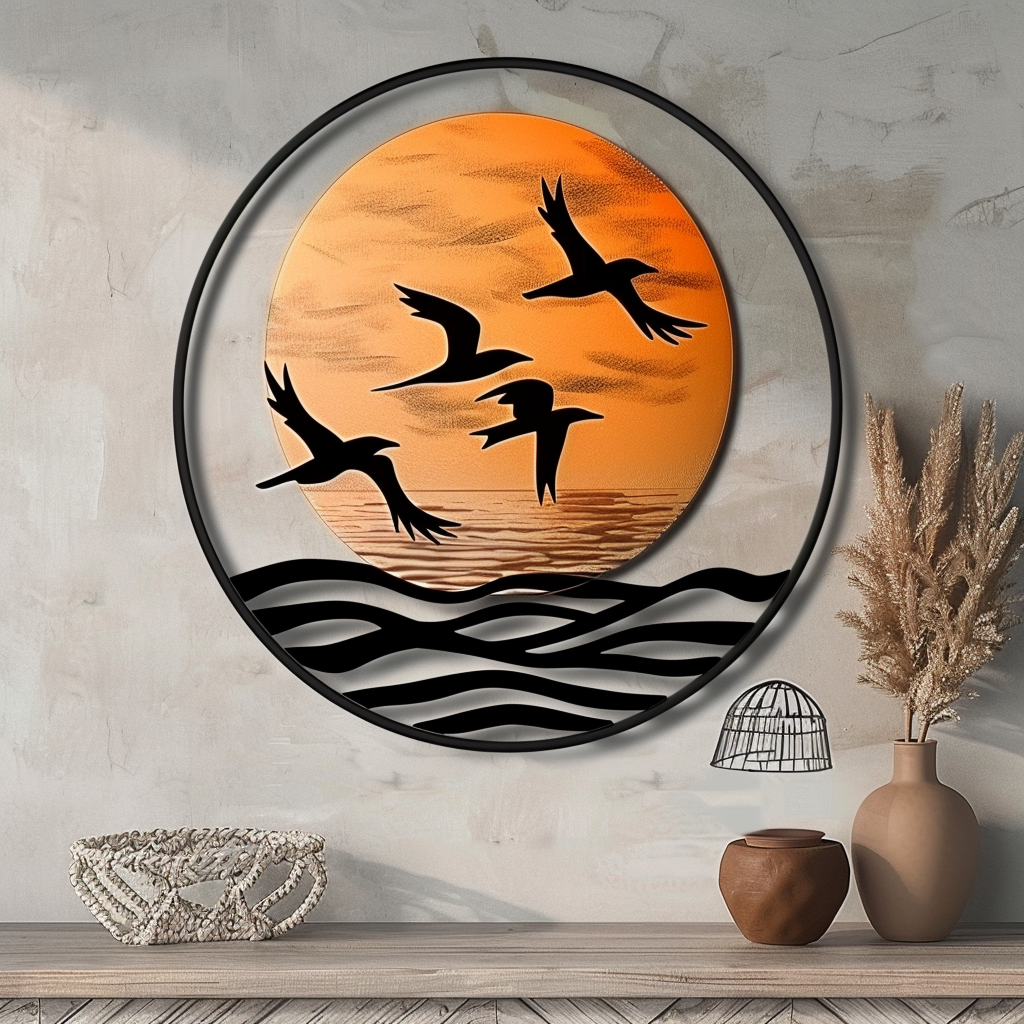 Bird Sunset Beach Metal Wall Art – Coastal Tropical Garden Decor Sign
