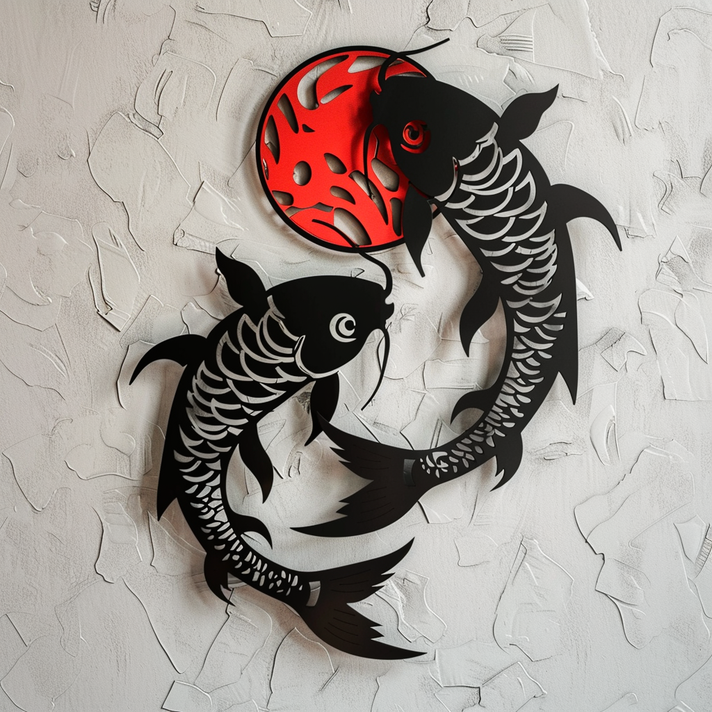 Tribal Koi Fish Yin Yang Metal Wall Art, Japanese Zen Decor for Patio