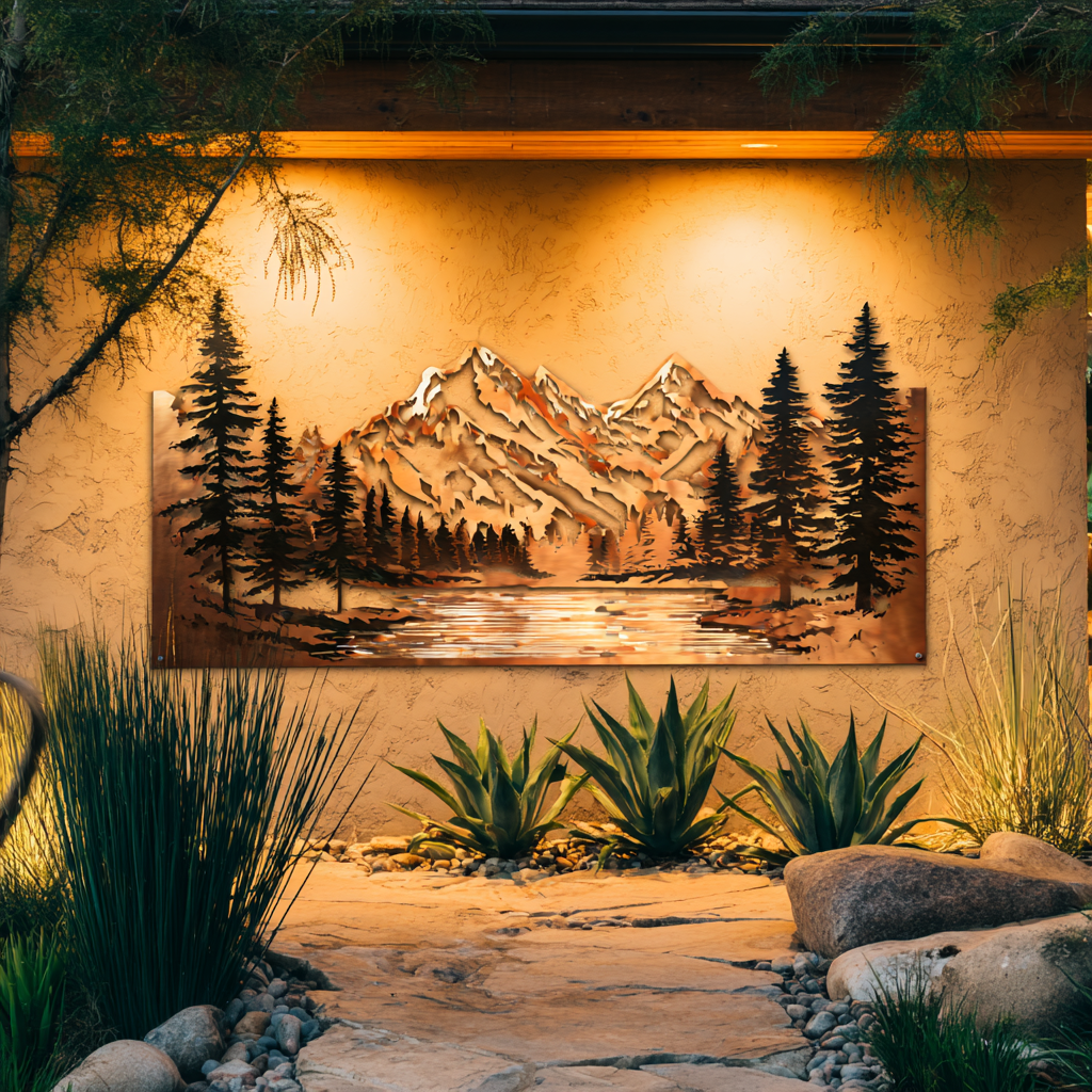 Copper Mountain Lake Metal Wall Art, Rustic Forest Landscape Decor
