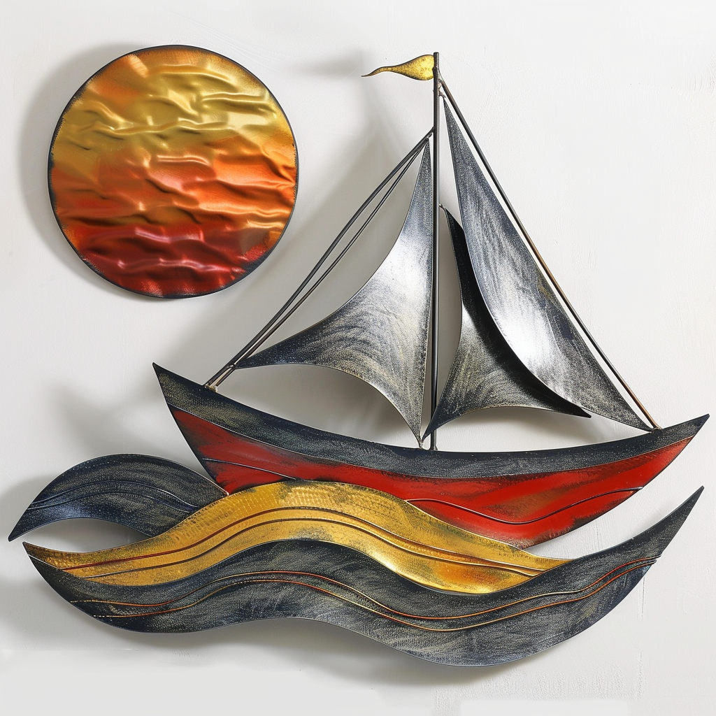 Boat Sunset Beach Bird Metal Wall Art, Coastal Ocean Decor for Patio