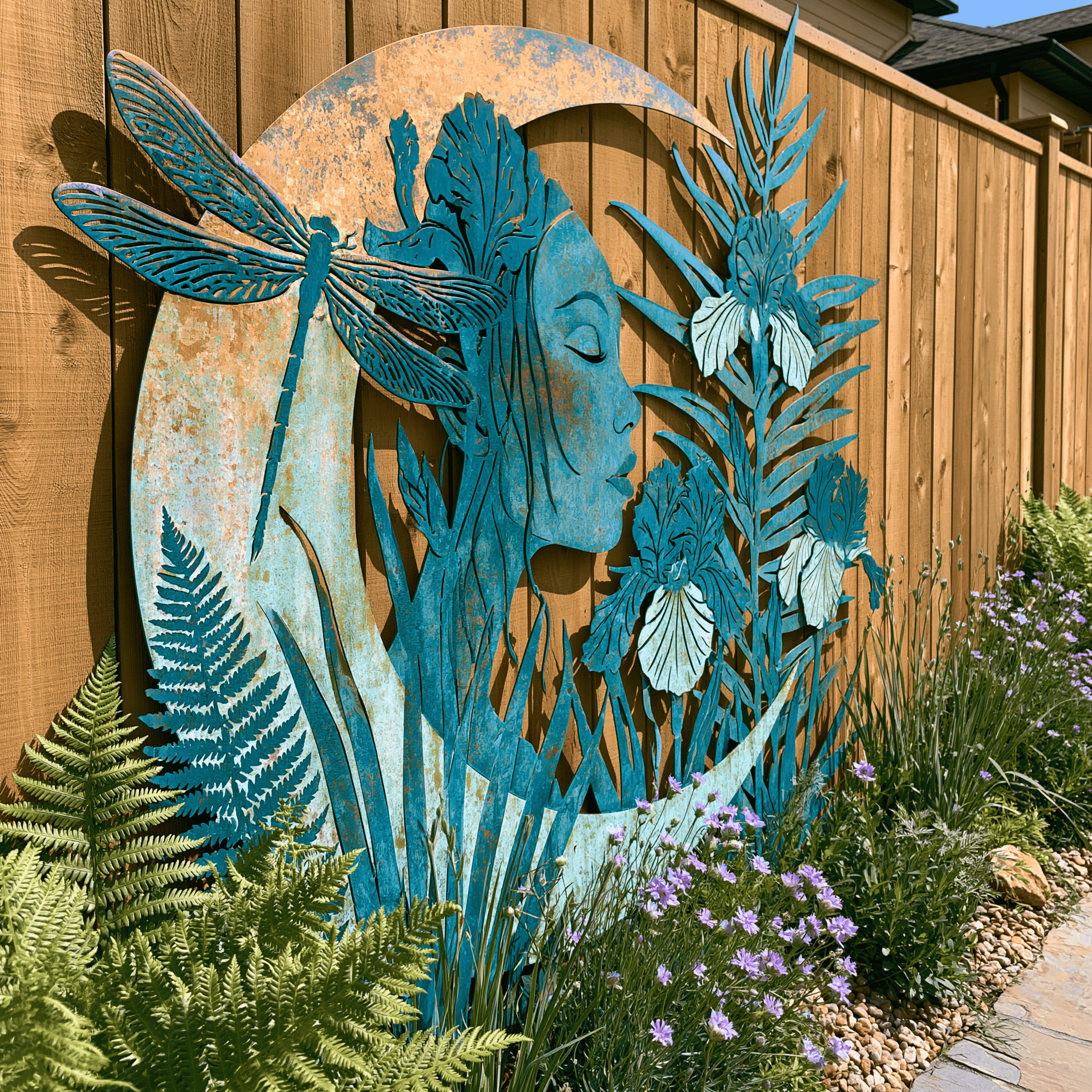 Turquoise Copper Sun Moon Dragonfly Metal Wall Art, Celestial Garden Outdoor Decor, Wildflower Patio Fence Sig