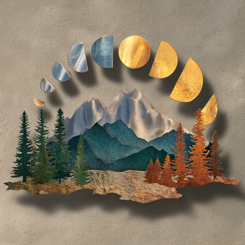 Mountain Moonphase Metal Wall Art, Botanical Garden Decor