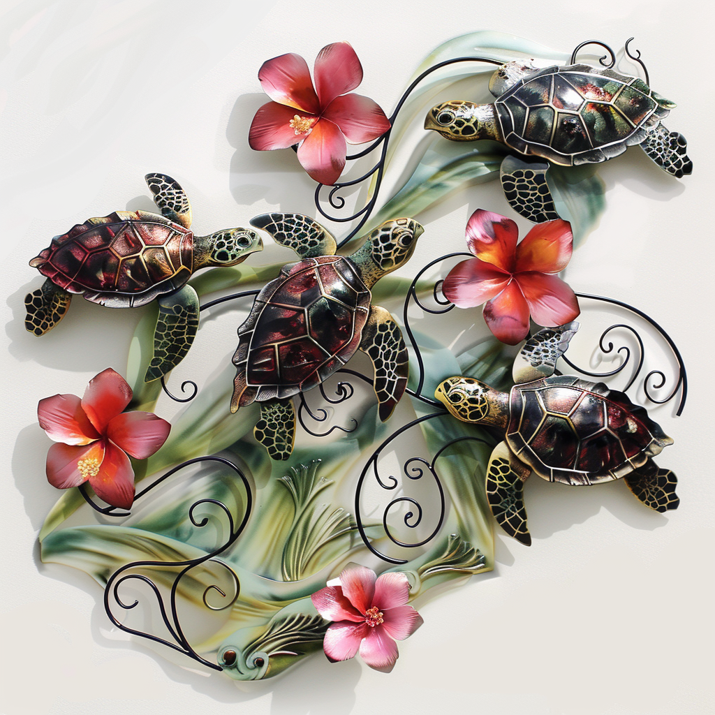 Tropical Turtle Hibiscus Metal Wall Art – Coastal Sea Turtle Decor, Island Garden Sign