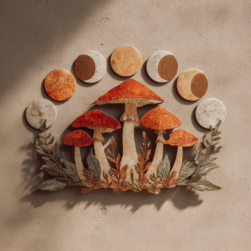 Mushroom Moonphase Metal Wall Art, Botanical Garden Decor