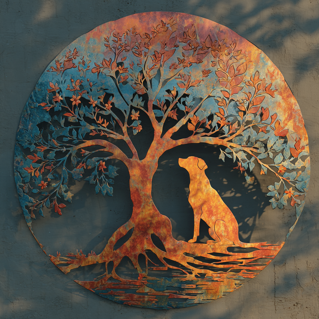 Dogs Tree of Life Metal Wall Art – Celestial Spiritual Nature Garden Sign