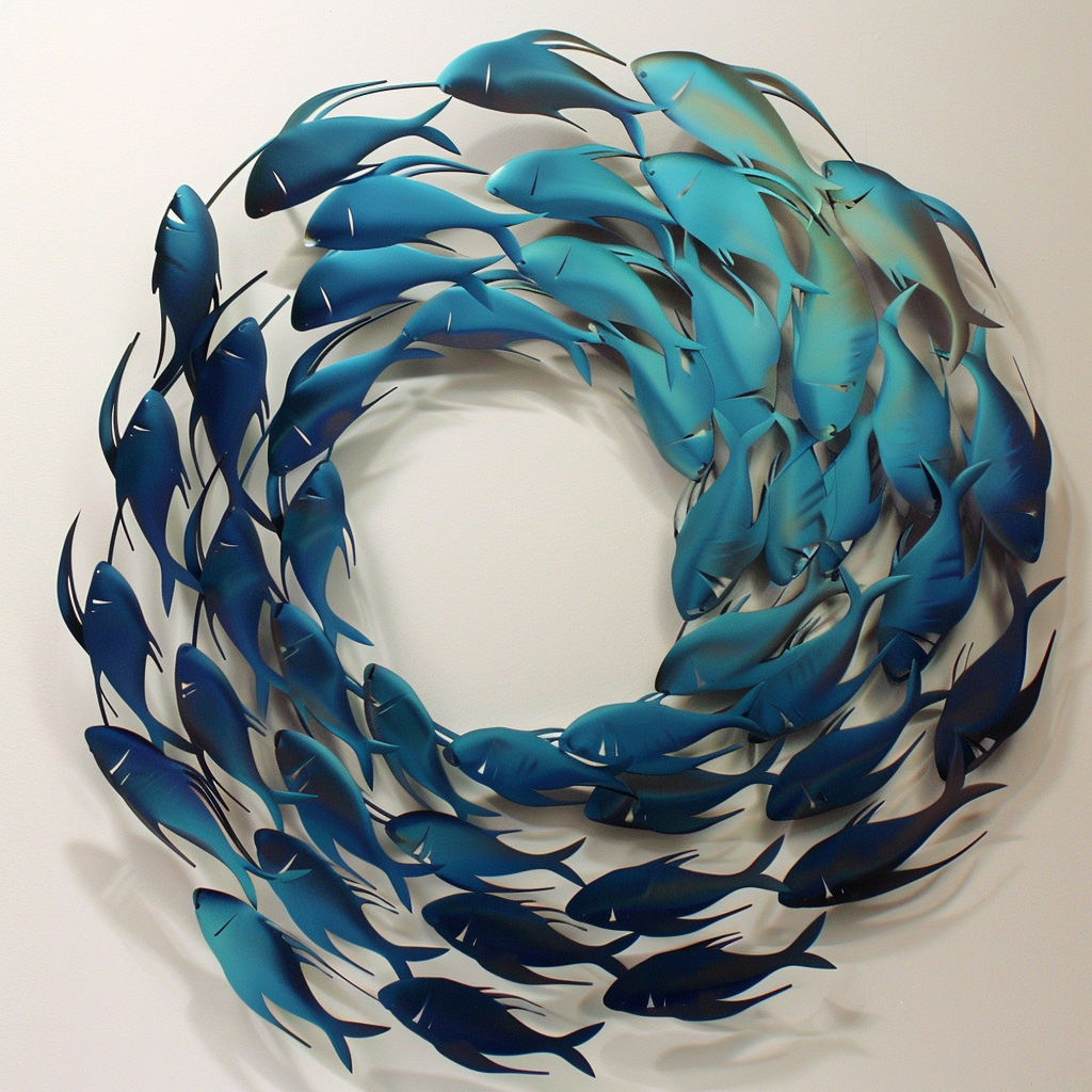 School of Fish Circle Metal Wall Art, Coastal Ocean Decor for Patio