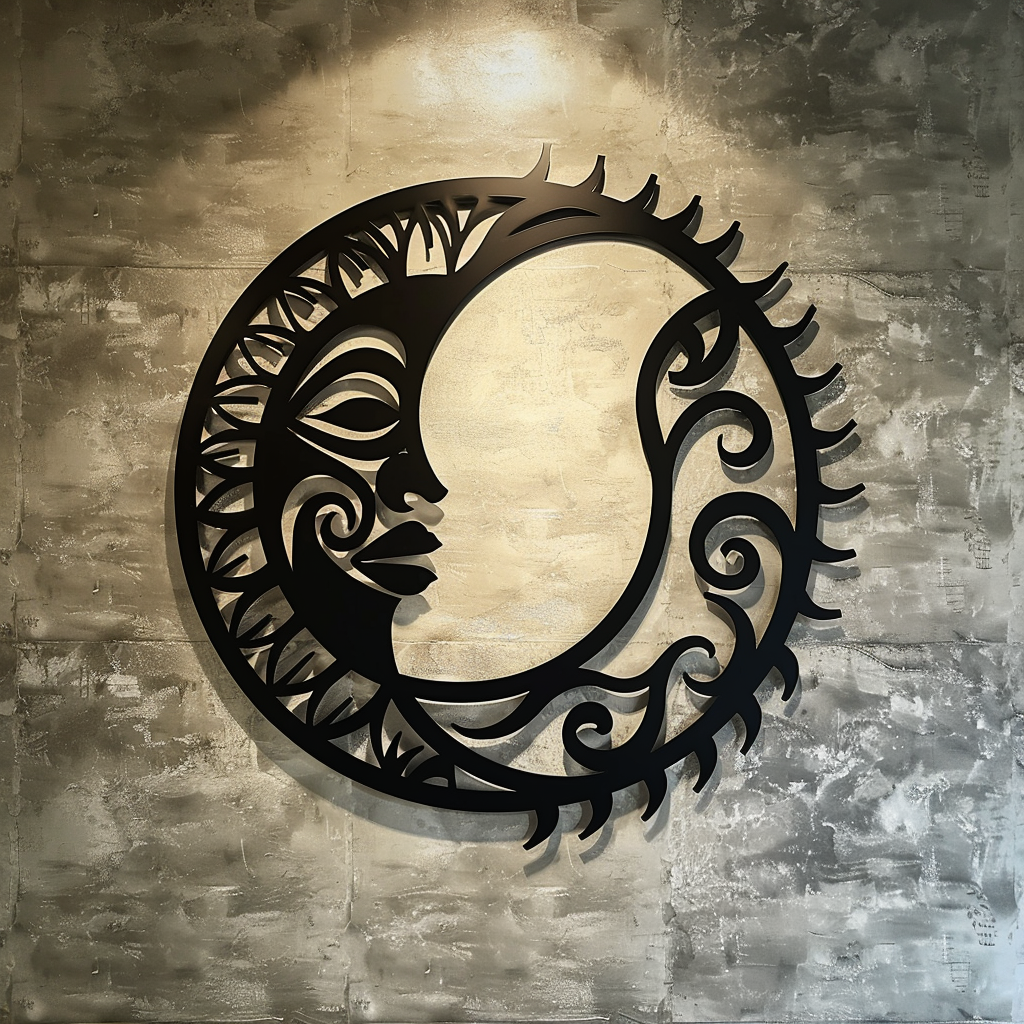 Polynesian Sun and Moon Metal Wall Art – Tribal Celestial Crescent Decor, Boho Garden Sign