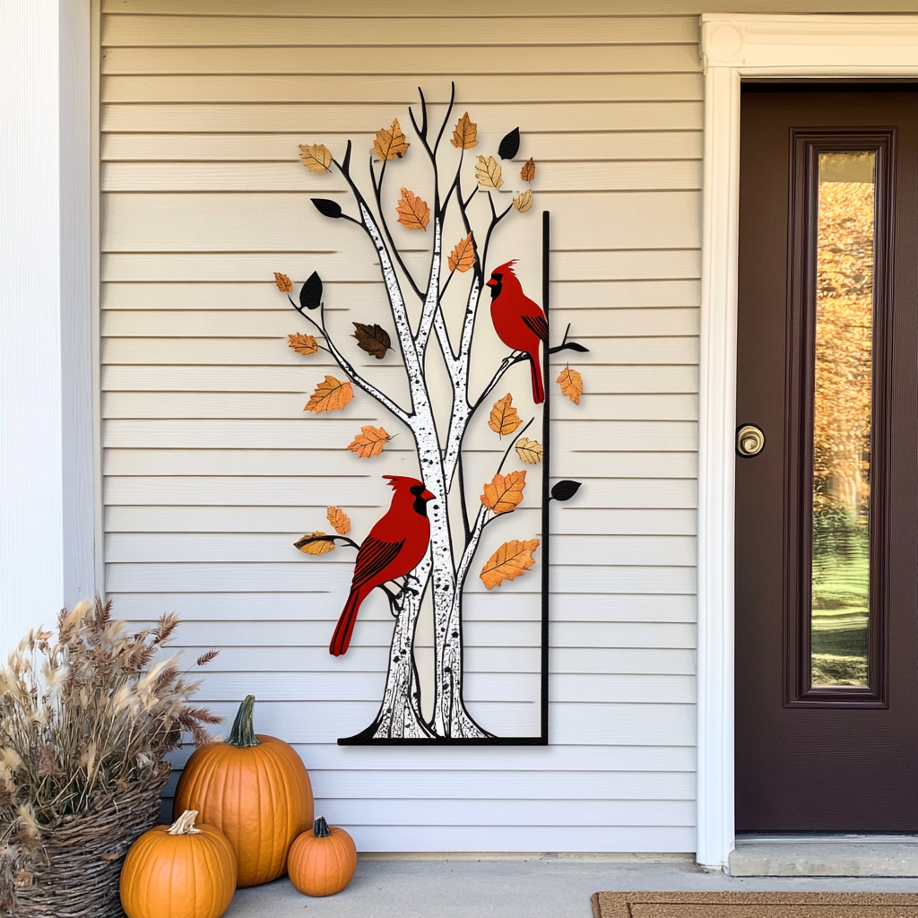 Cardinal Metal Sign, Autumn Birch Tree Wall Art, Red Bird Decor