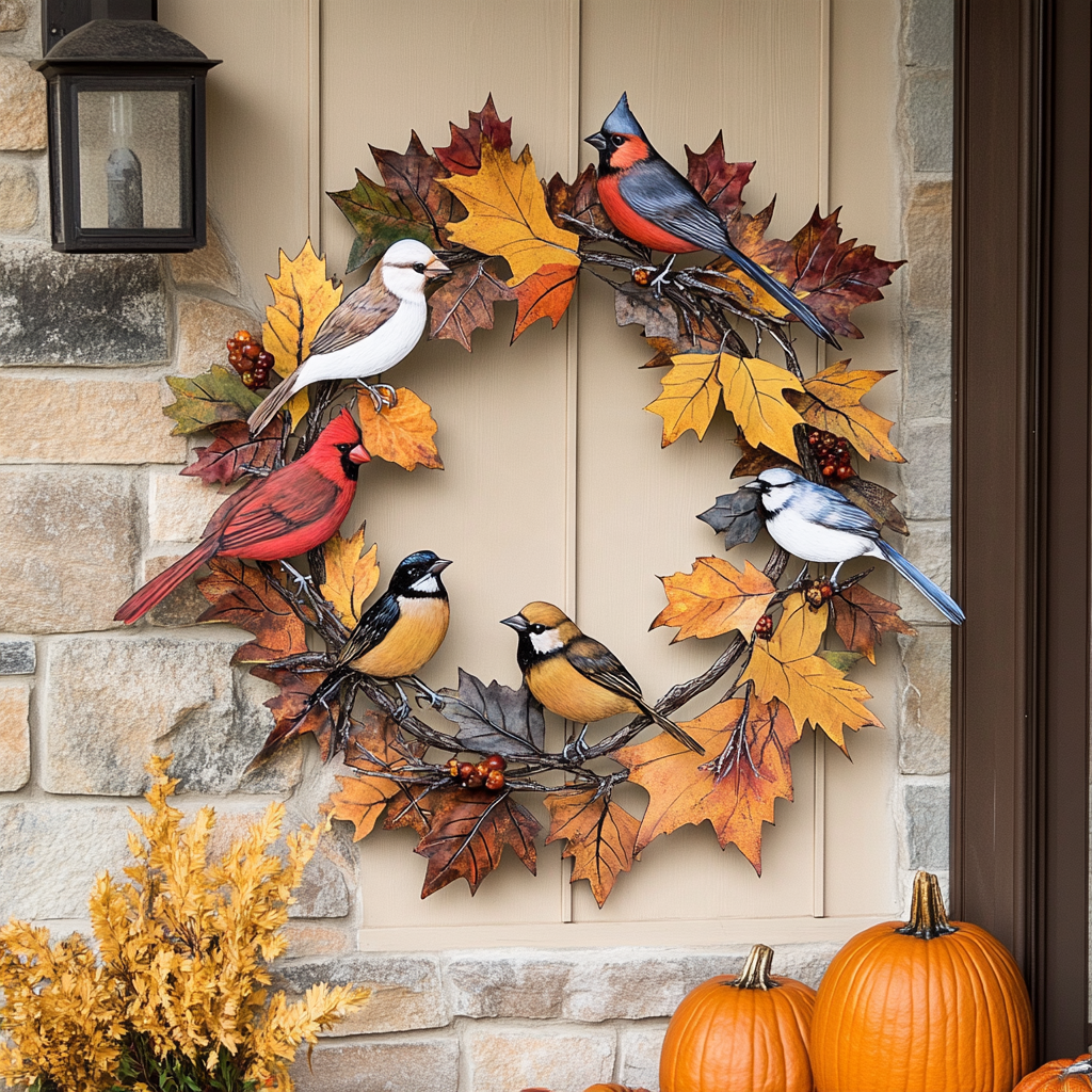 Autumn Bird Wreath Metal Wall Art, Fall Wreath Decor