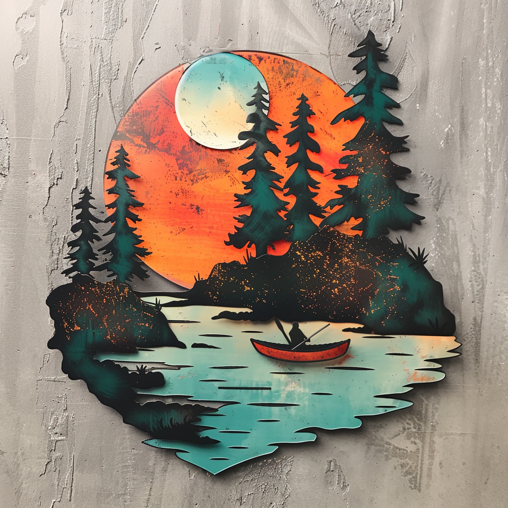 Sunset Mountain River Metal Wall Art – Scenic Nature Landscape Decor Sign
